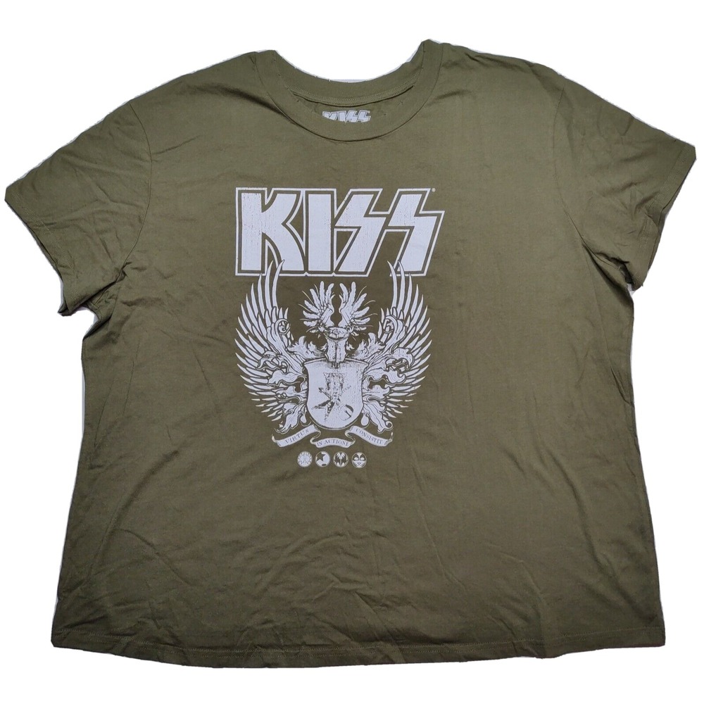 KISS Army Green Retro Distressed Women Plus 2X  T-Shirt NEW‎